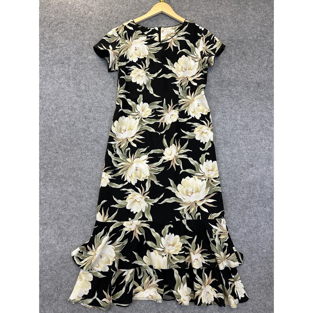 Iolani Dress Womens Small Black Cream Floral‎ Hawaiian Ruffle Hem Midi Rayon